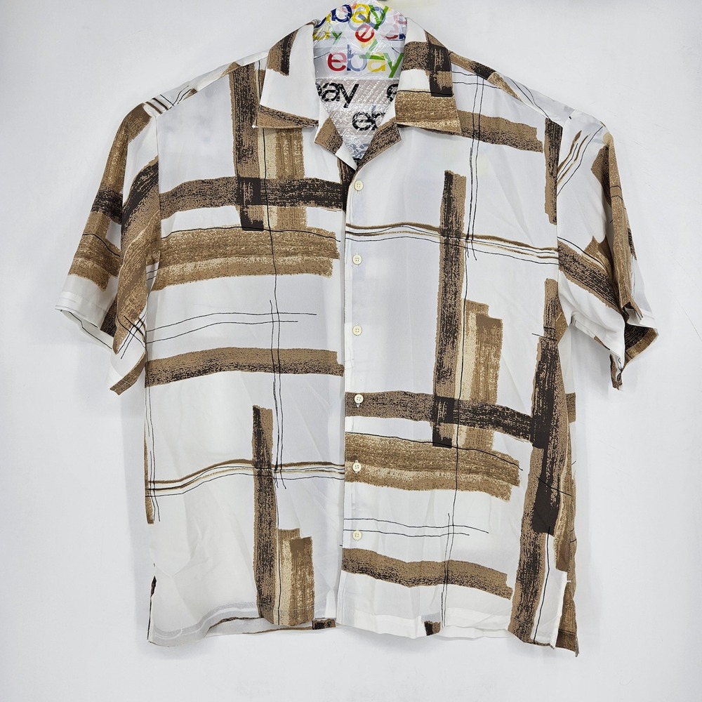Vintage Mench Platinum Shirt Mens XXL Button Short Sleeve White Brown Polyester